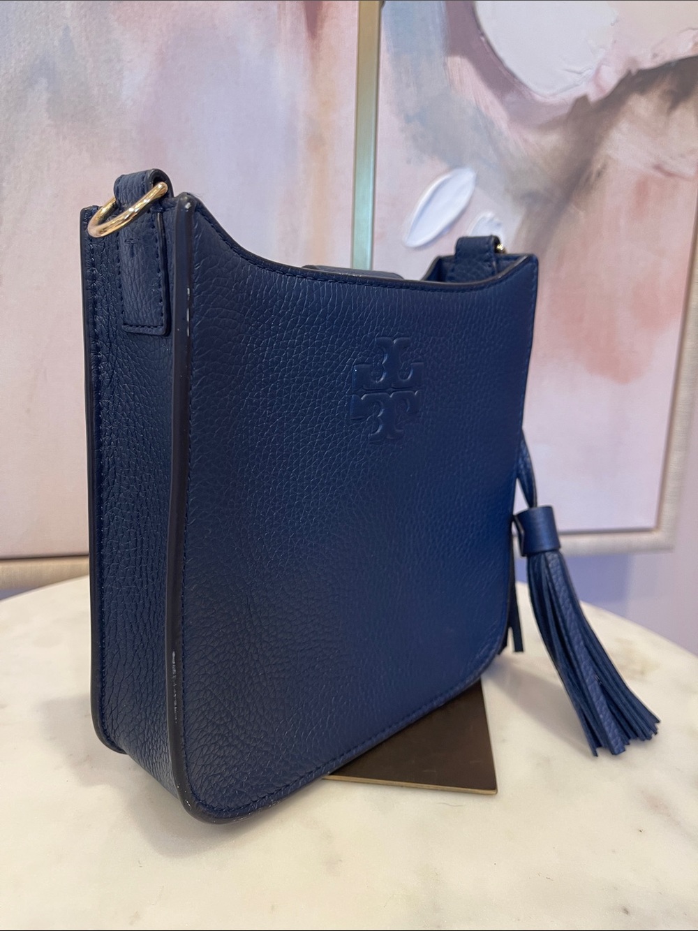 Tory Burch Navy Pebbled Leather Crossbody with Tassel - Picture 4 of 7
